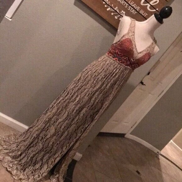 Free People Crushed Gold Lace Embroidered V Embellished Maxi Formal Prom Dress 6 - Picture 6 of 6